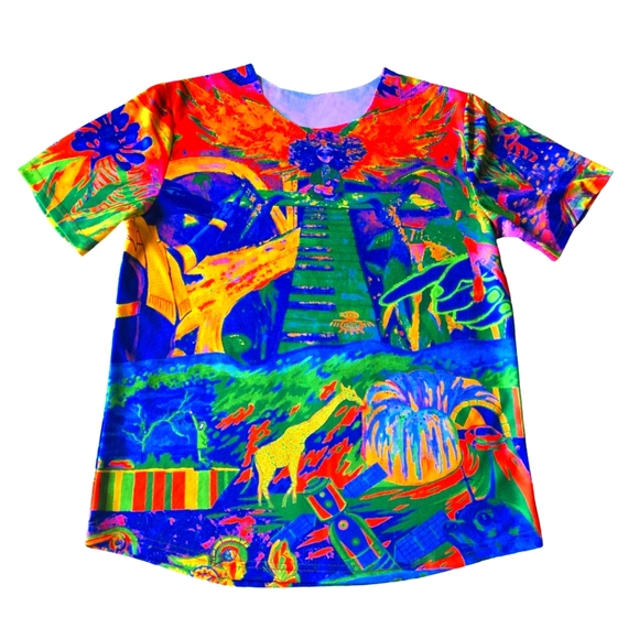aofmoka Other - Aofmoka Neon Element BlackLight UV Reactive T-Shirt Raw Hem Neckline RAVE Size M